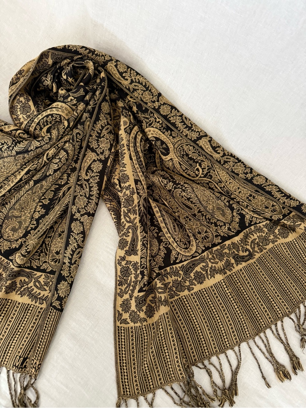 Authentic Egyptian Textile Wrap Black Gold Paisley Fringe Shawl Pashmina